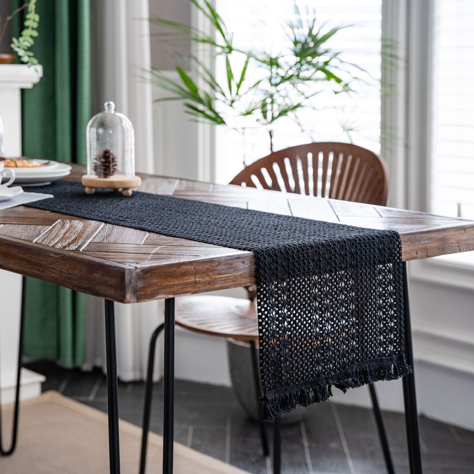 Black Woven Table Runner - 30 x 160 cm Natural Jute and Cotton Rope Table