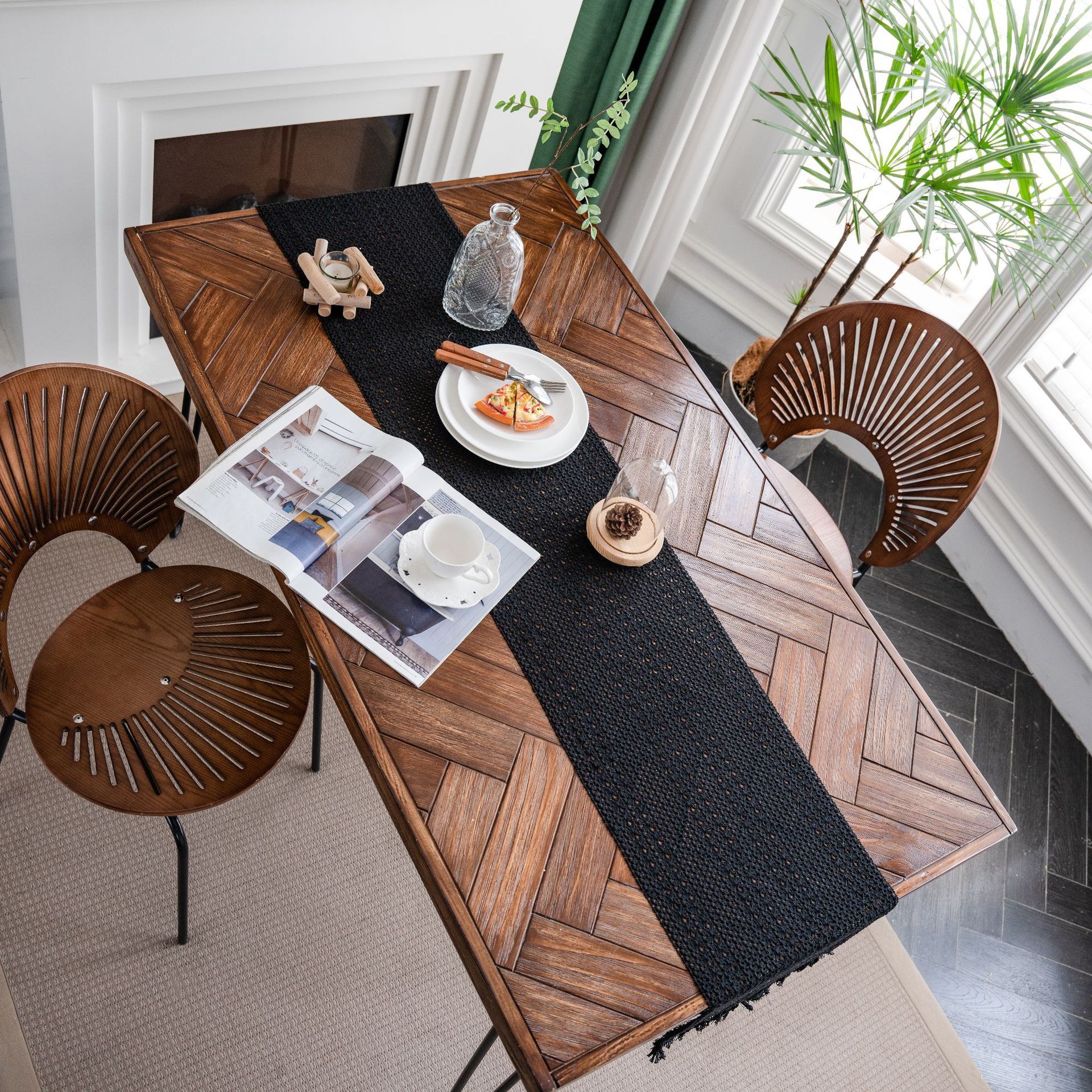 Black Woven Table Runner - 30 x 160 cm Natural Jute and Cotton Rope Table view 2