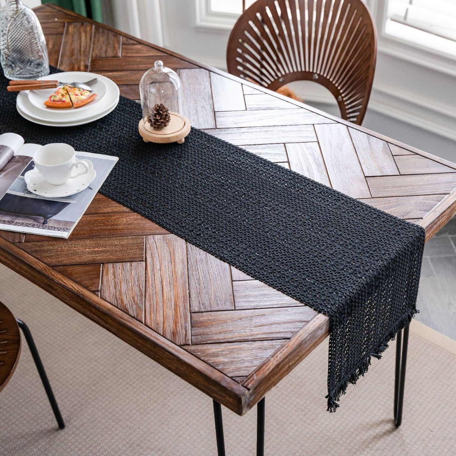 Black Woven Table Runner - 30 x 160 cm Natural Jute and Cotton Rope Table view 3