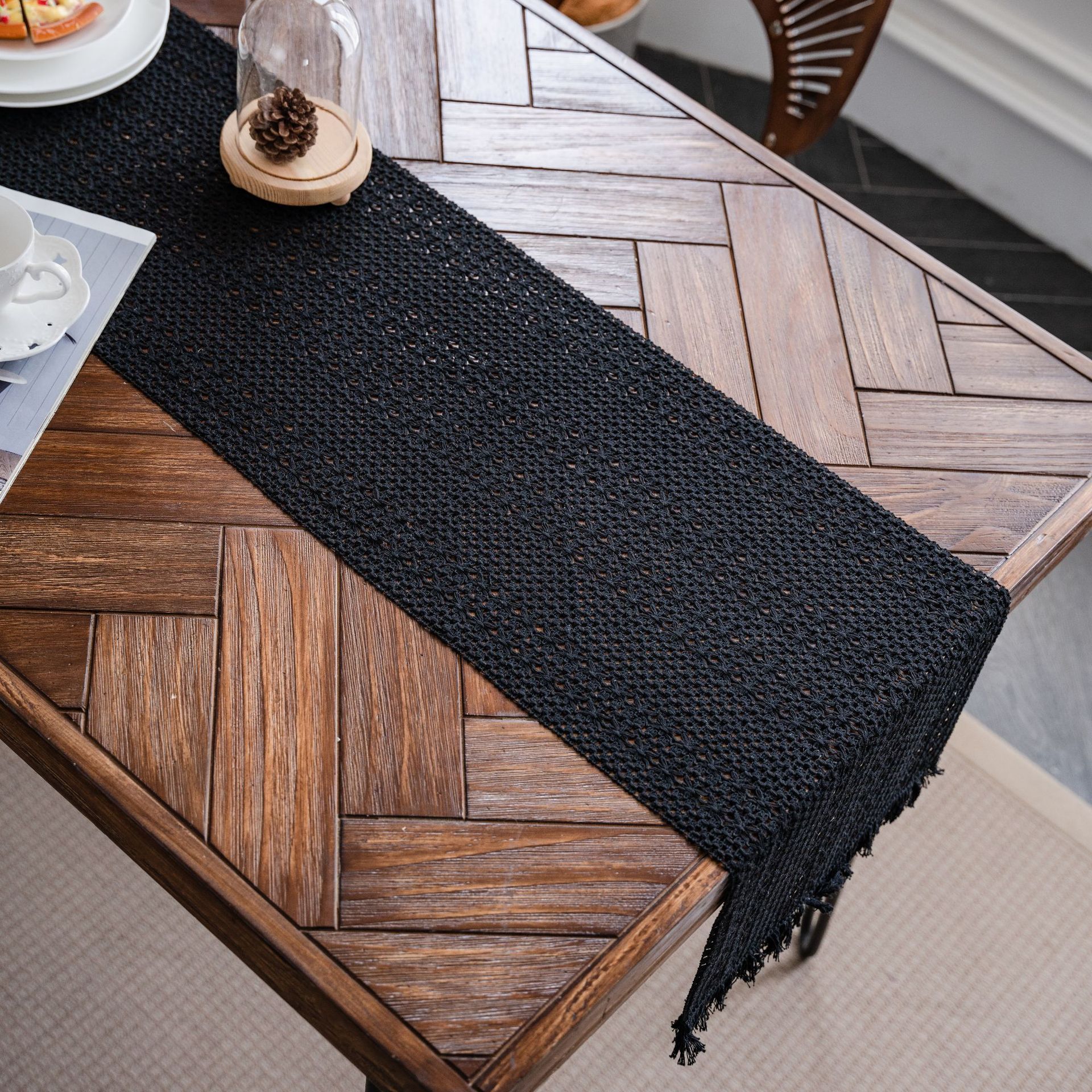 Black Woven Table Runner - 30 x 160 cm Natural Jute and Cotton Rope Table view 5