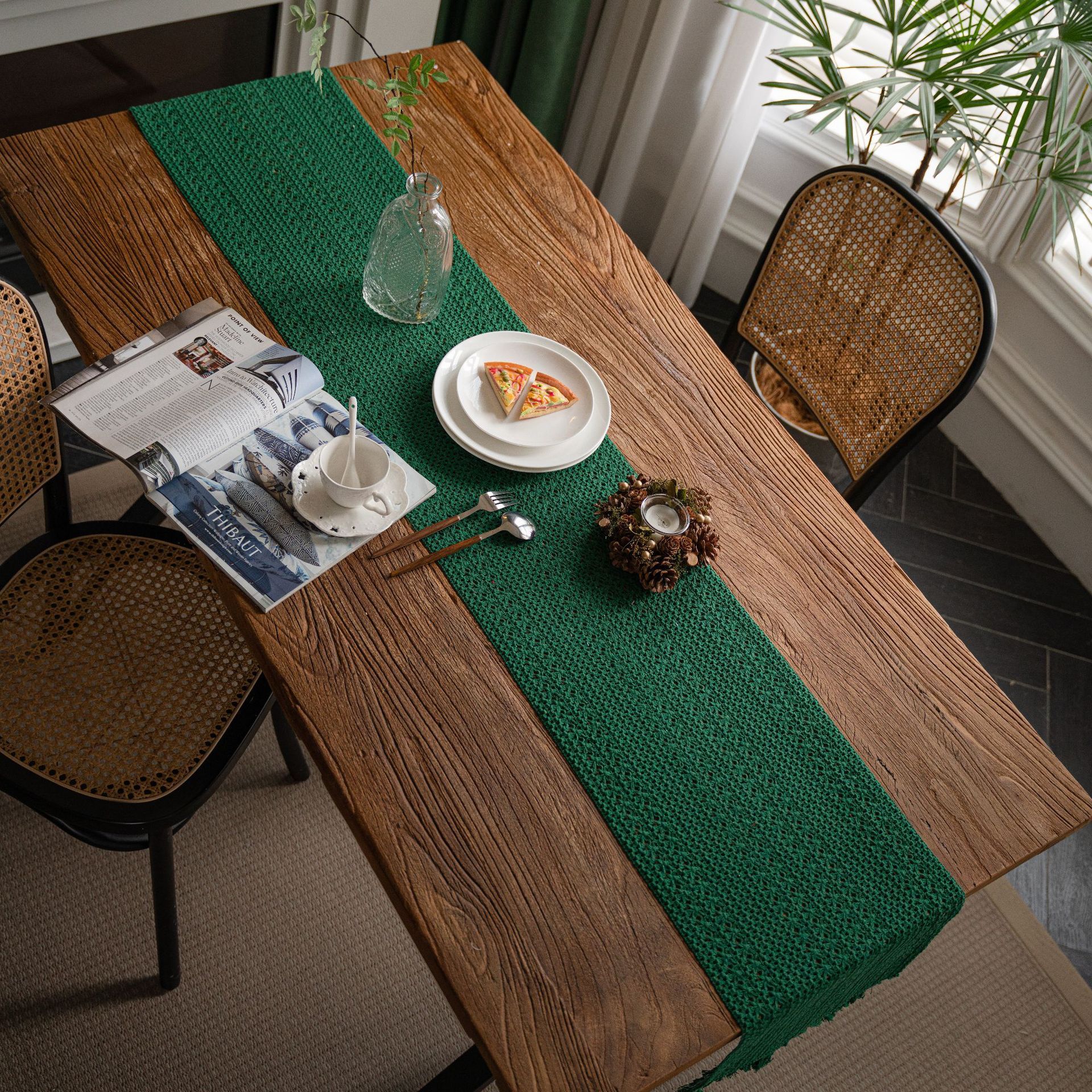 Green Woven Table Runner - 30 x 160 cm Natural Jute and Cotton Rope Table view 3