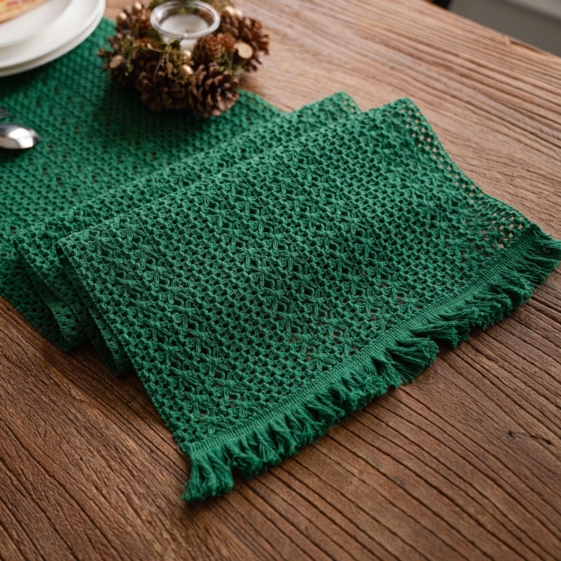 Green Woven Table Runner - 30 x 160 cm Natural Jute and Cotton Rope Table view 2