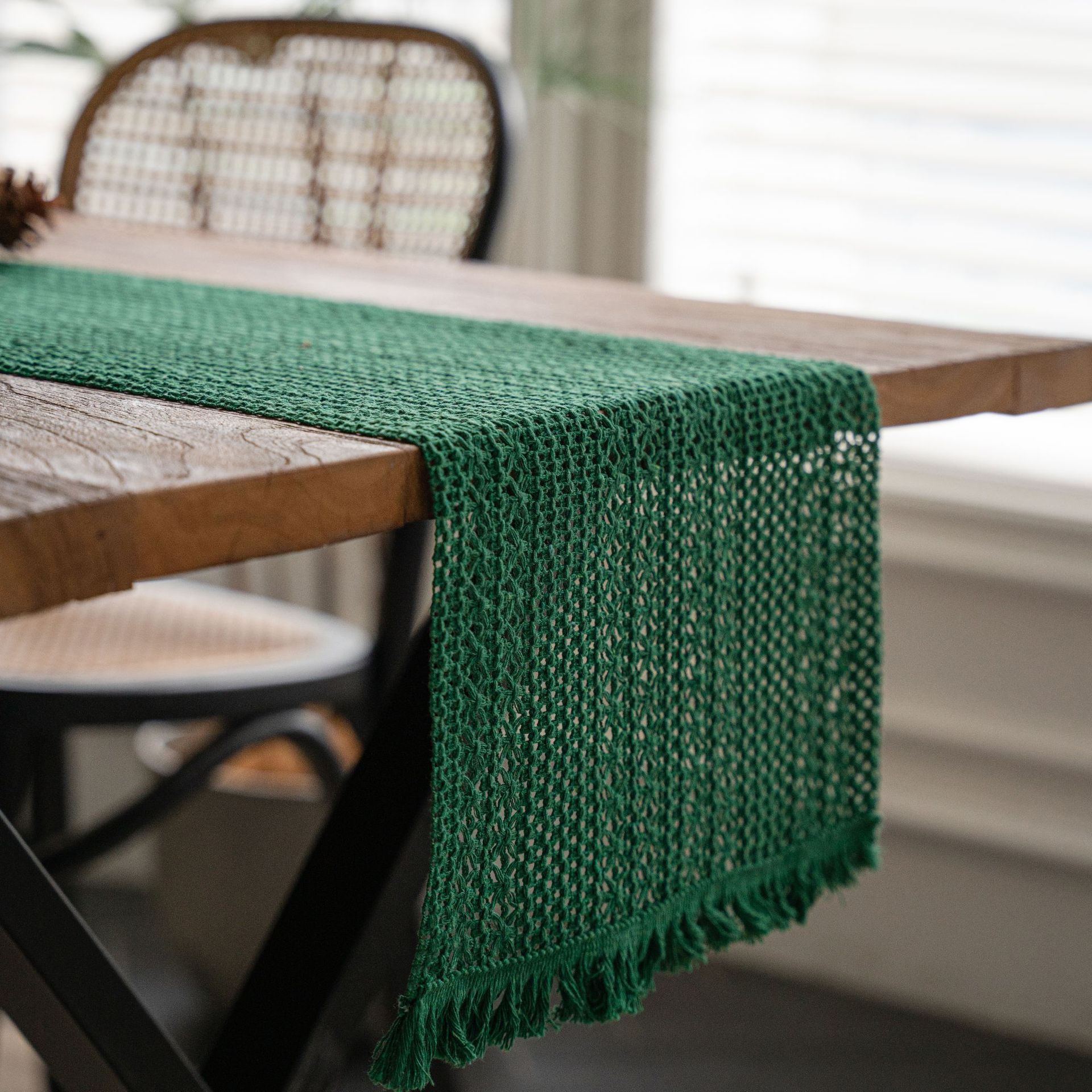 Green Woven Table Runner - 30 x 160 cm Natural Jute and Cotton Rope Table