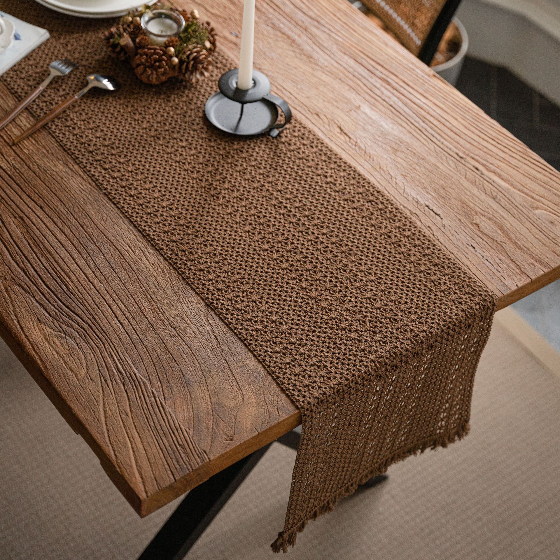 Khaki Woven Table Runner - 30 x 160 cm Natural Jute and Cotton Rope Table view 3