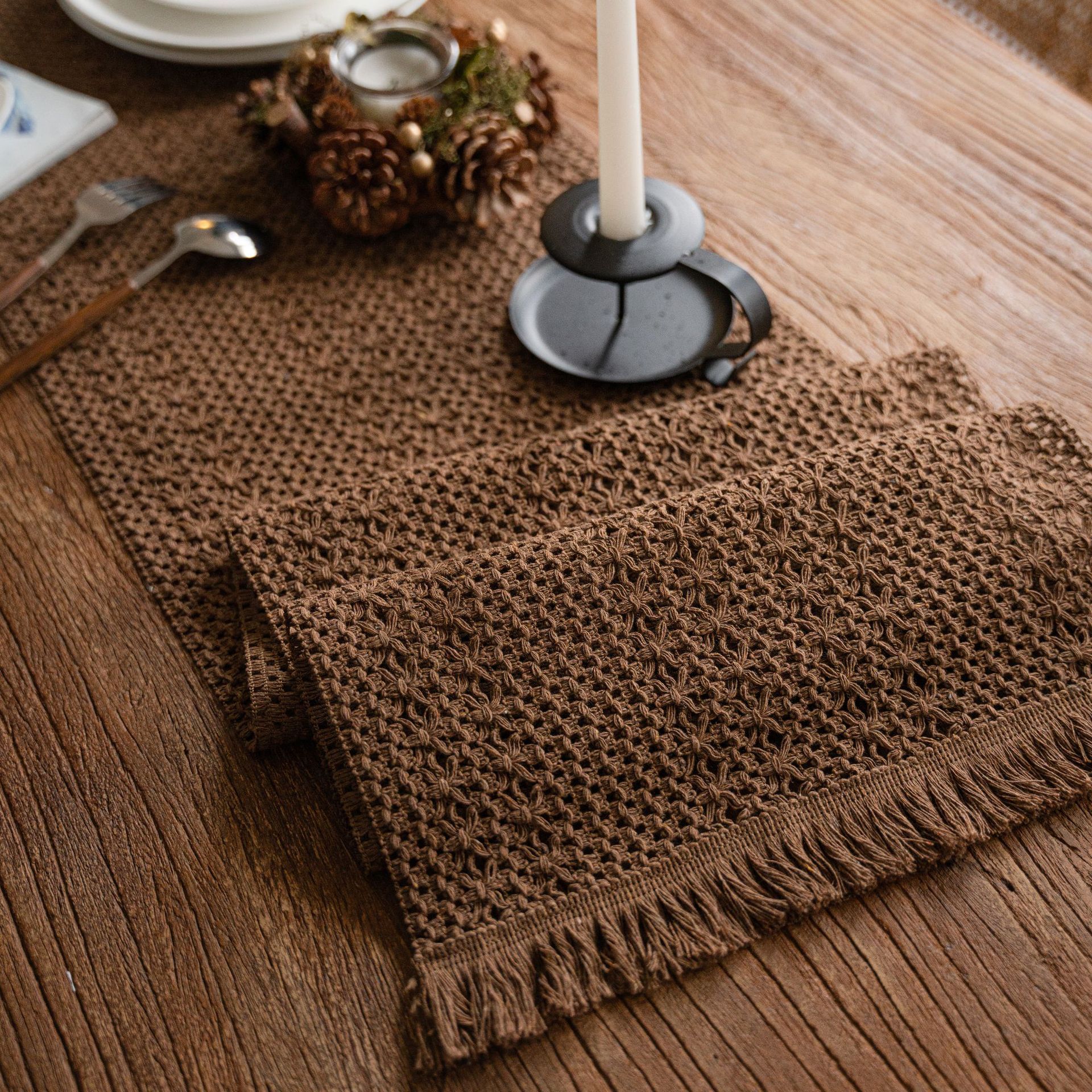 Khaki Woven Table Runner - 30 x 160 cm Natural Jute and Cotton Rope Table view 4
