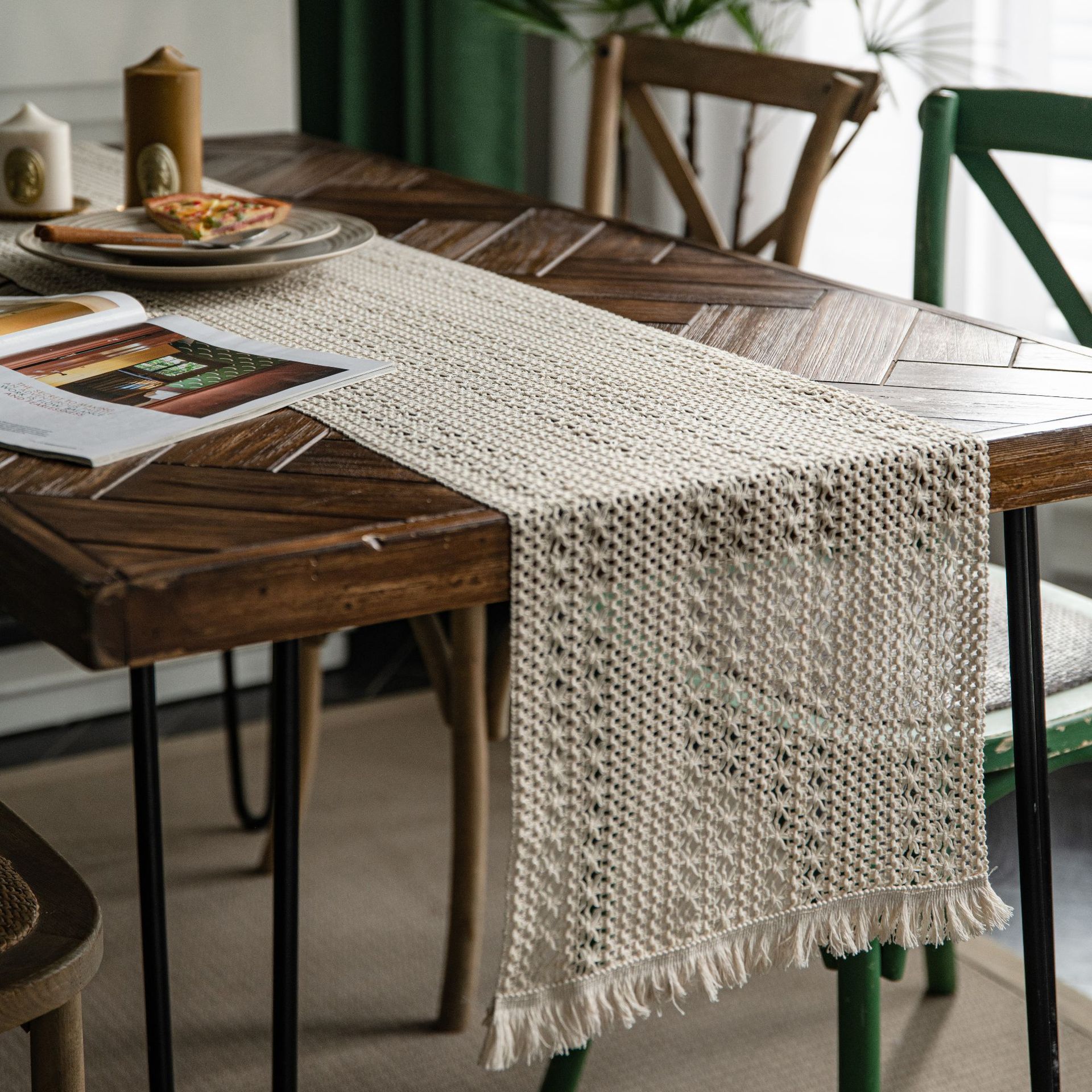 Beige Woven Table Runner - 30 x 160 cm Natural Jute and Cotton Rope Table