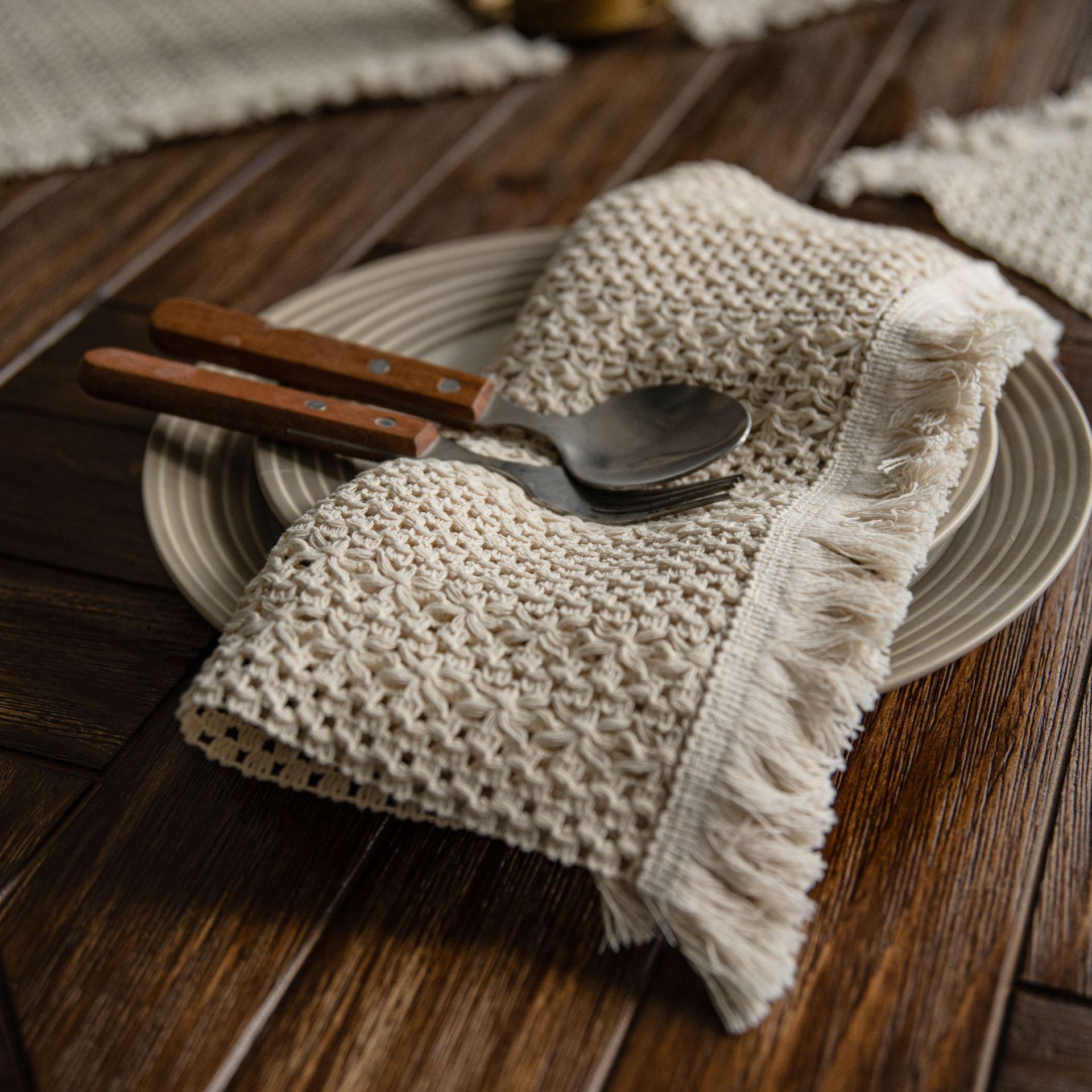 Beige Woven Table Runner - 30 x 160 cm Natural Jute and Cotton Rope Table view 3