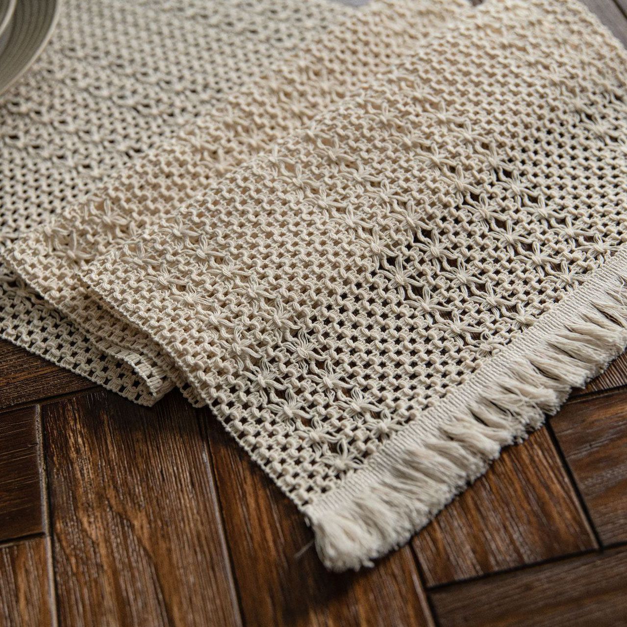 Beige Woven Table Runner - 30 x 160 cm Natural Jute and Cotton Rope Table view 5