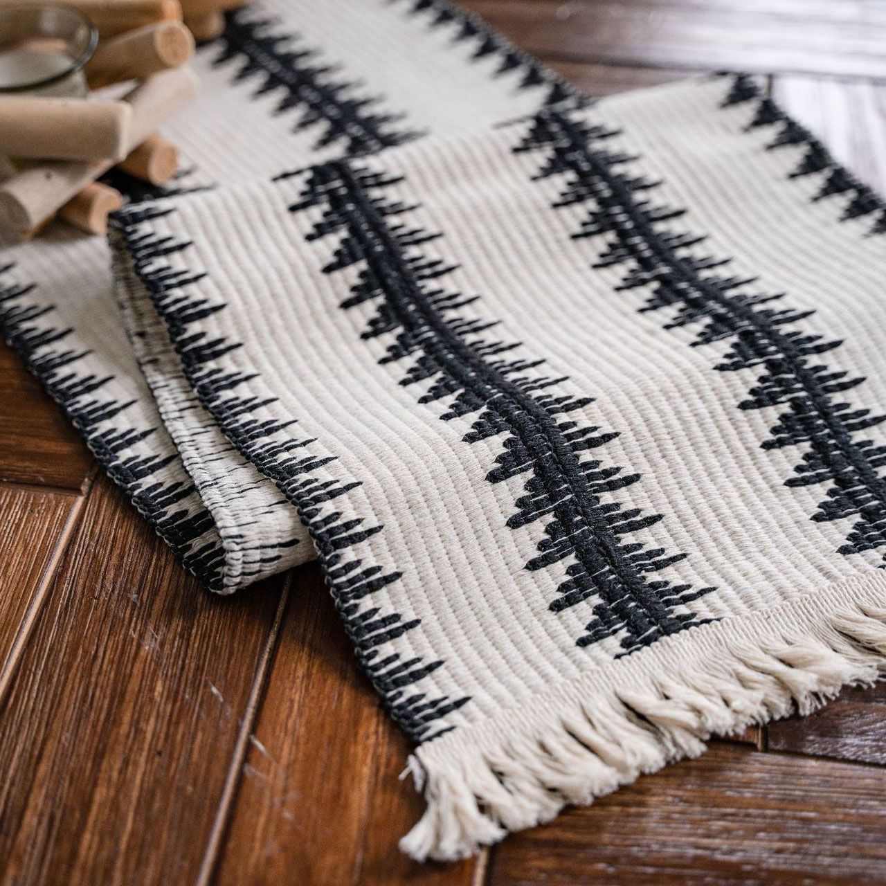 Black and White Narrow Stripe Woven Table Runner - 30 x 160 cm Cotton Linen view 2