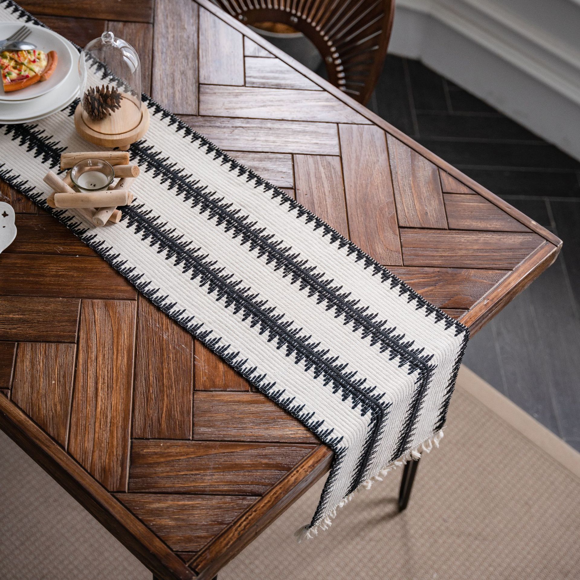Black and White Narrow Stripe Woven Table Runner - 30 x 160 cm Cotton Linen view 4