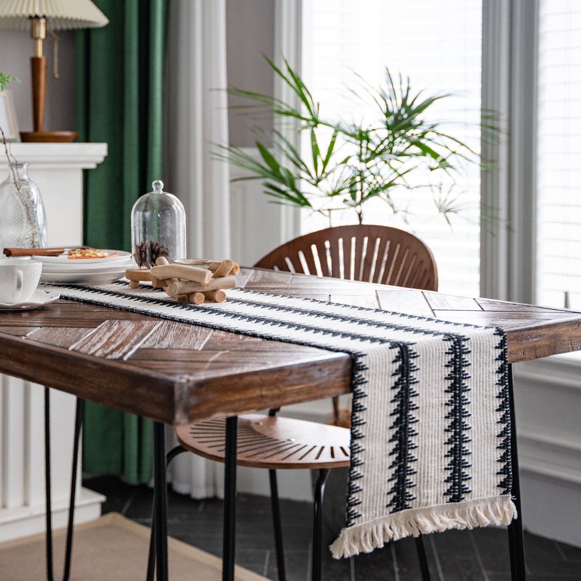 Black and White Narrow Stripe Woven Table Runner - 30 x 240 cm Cotton Linen