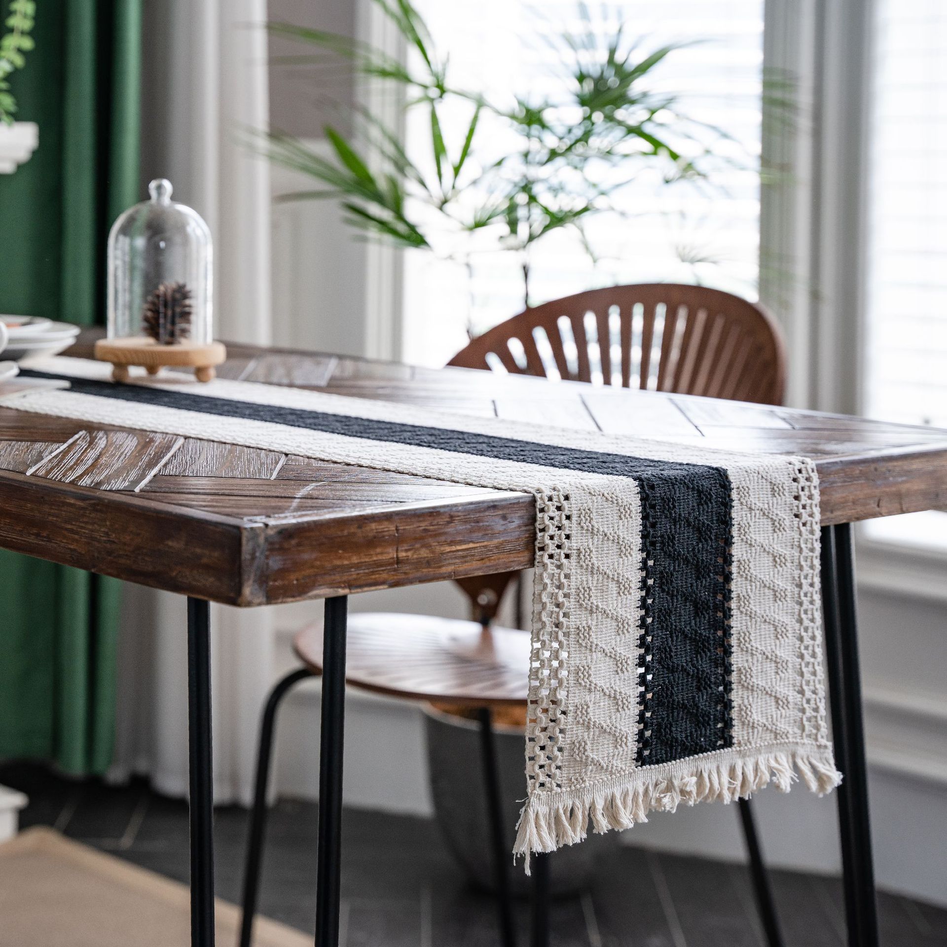 Black and White Wide Stripe Woven Table Runner - 30 x 180 cm Cotton Linen