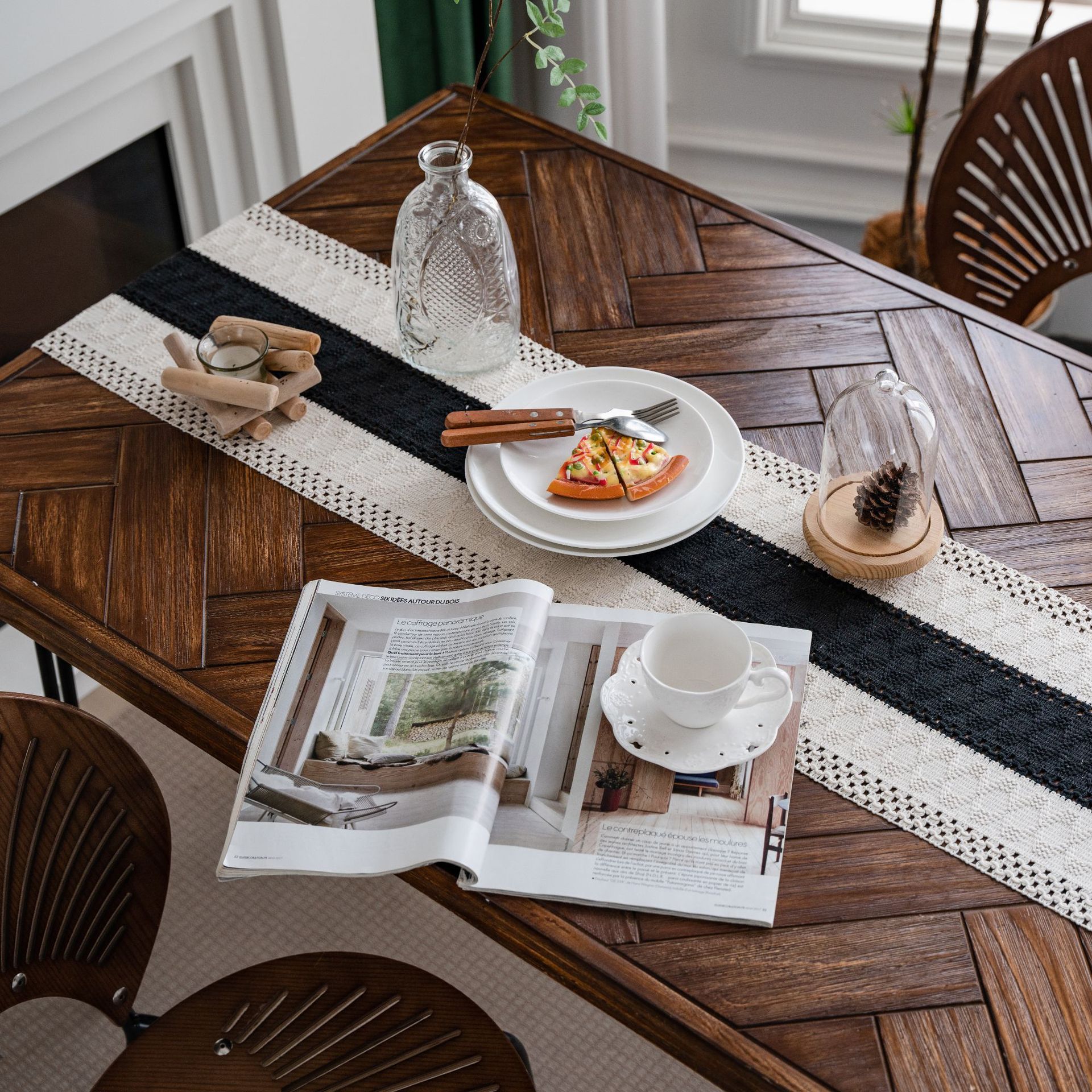 Black and White Wide Stripe Woven Table Runner - 30 x 180 cm Cotton Linen view 2