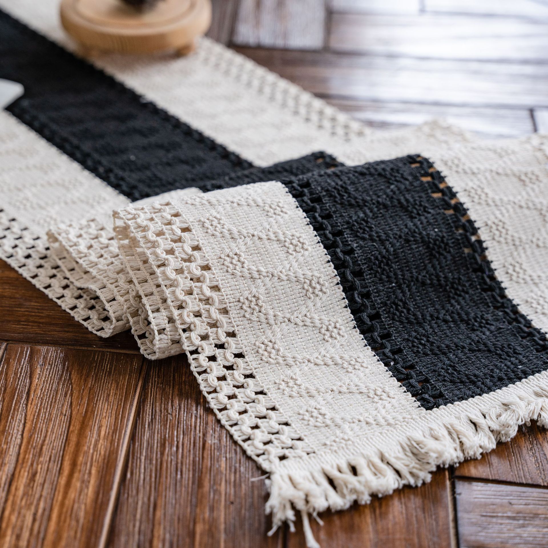 Black and White Wide Stripe Woven Table Runner - 30 x 200 cm Cotton Linen view 4