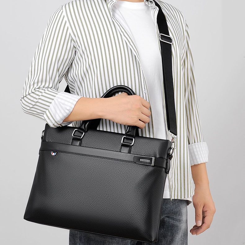 Black Men's PU Leather Briefcase - Waterproof Laptop Messenger Bag with view 3