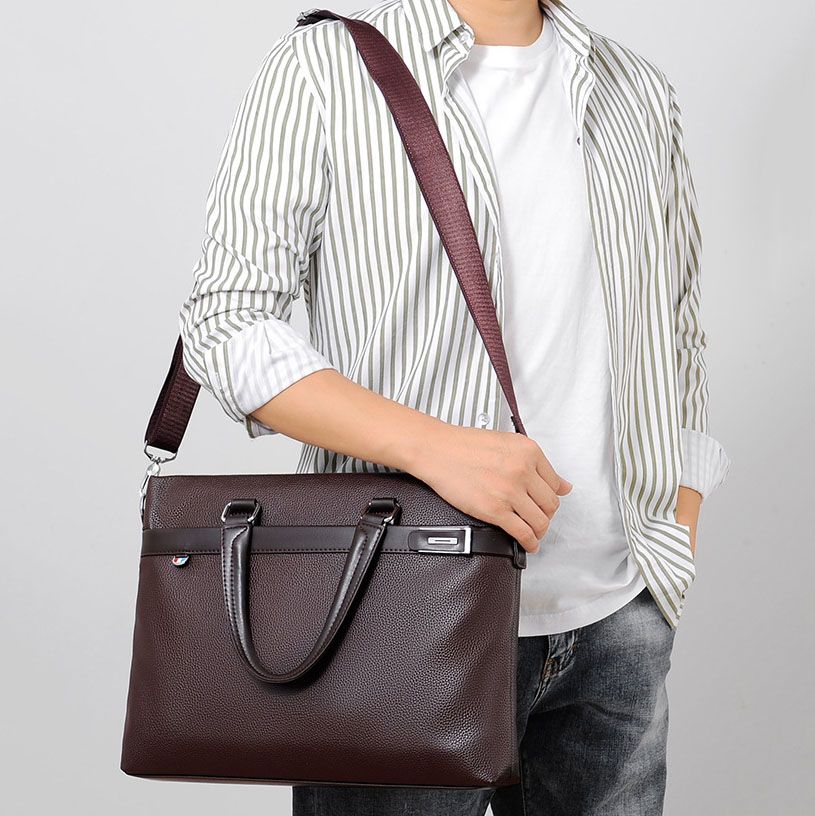 Brown Men's PU Leather Briefcase - Waterproof Laptop Messenger Bag with view 3