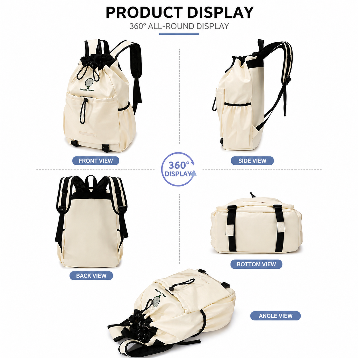 Beige Sports Drawstring Backpack - Large Capacity Badminton view 6