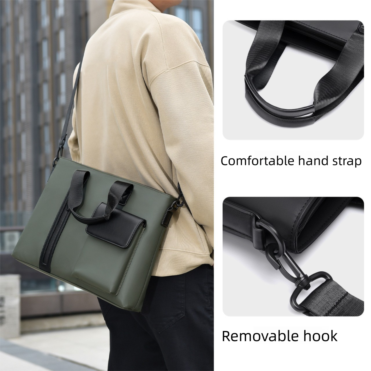 Black Men's Laptop Bag - Large Capacity Multi-Compartment Shoulder and Hand view 2