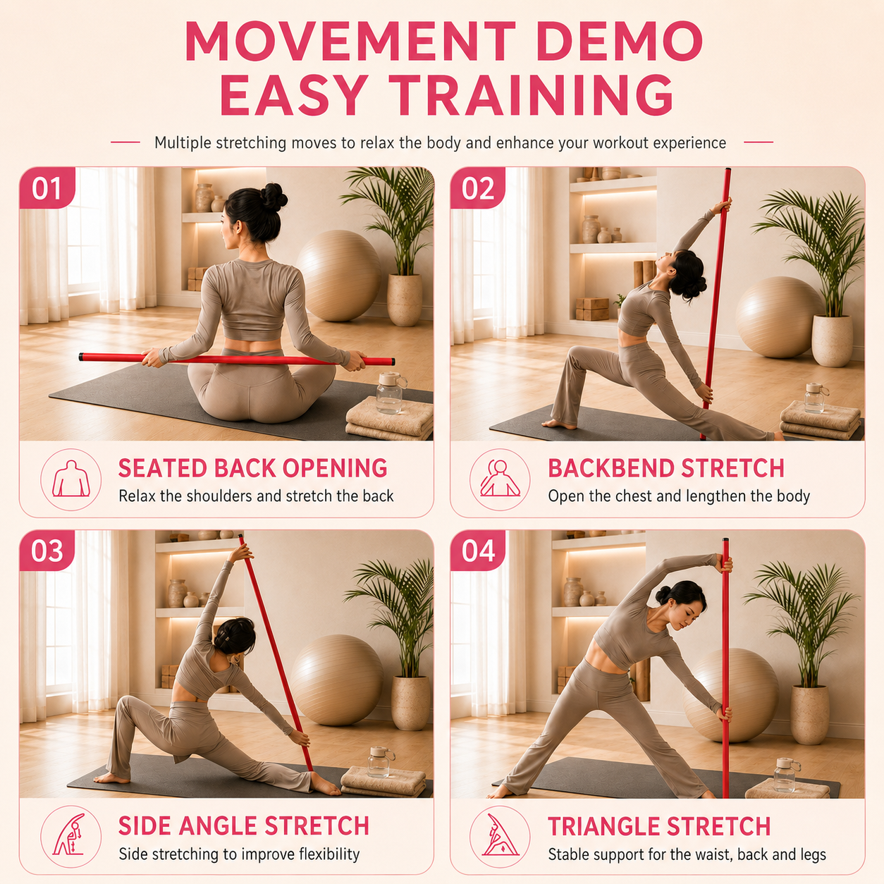 150cm Yoga Stretch Stick (Red)- Detachable 4 Section Foam Covered Steel Rod view 5