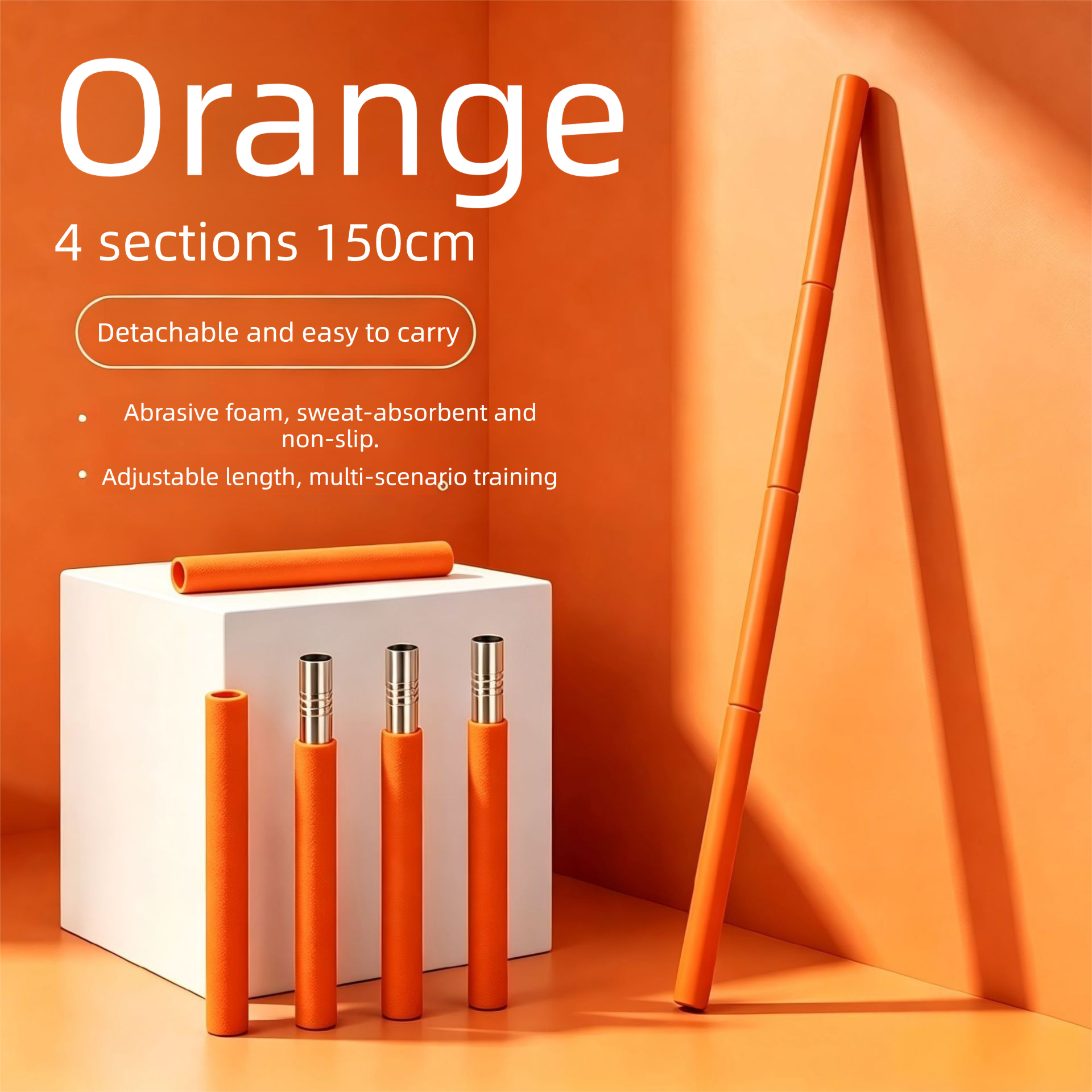 150cm Yoga Stretch Stick (Orange)- Detachable 4 Section Foam Covered Steel Rod view 2