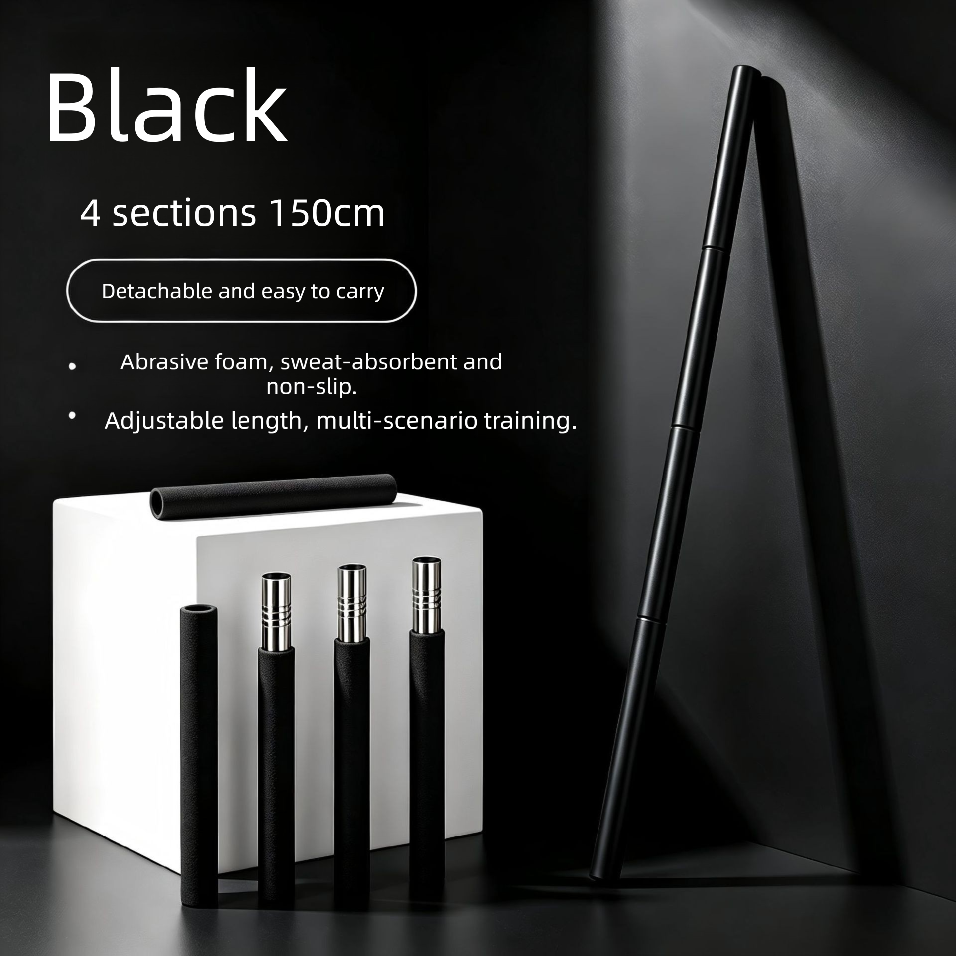 150cm Yoga Stretch Stick (Black)- Detachable 4 Section Foam Covered Steel Rod view 2