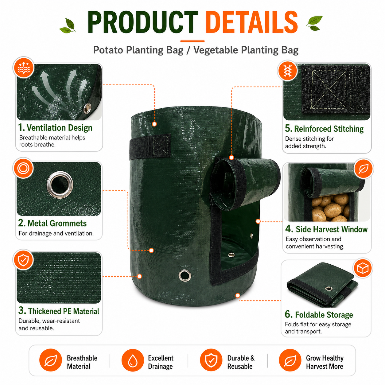 Potato Grow Bags 4 Pack 35x45cm Vegetable Planting Bags PE Garden Planter Bags view 3