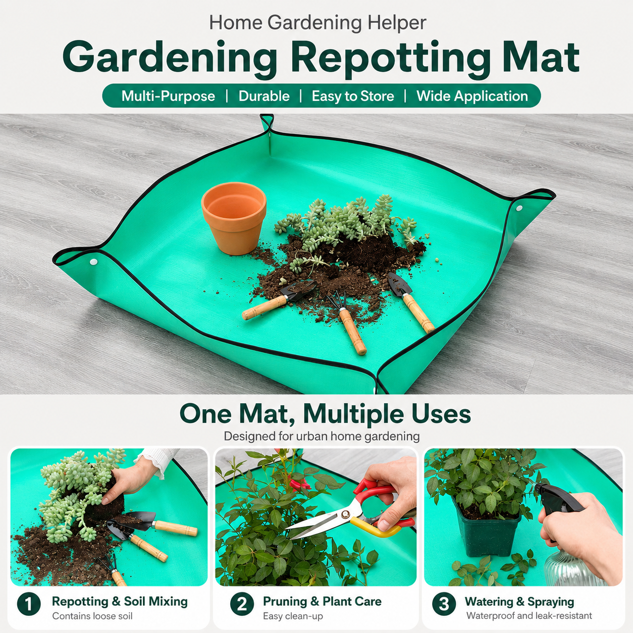 Green Waterproof Garden Repotting Mat - 66 x 66 cm Foldable Potting and view 3
