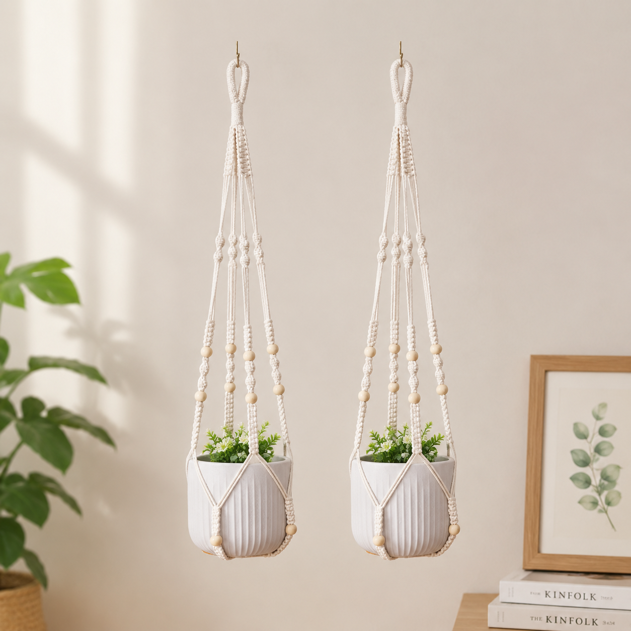 2 Pack Macrame Plant Hanger (White)- 90cm Cotton Rope Hanging Planter Basket view 2