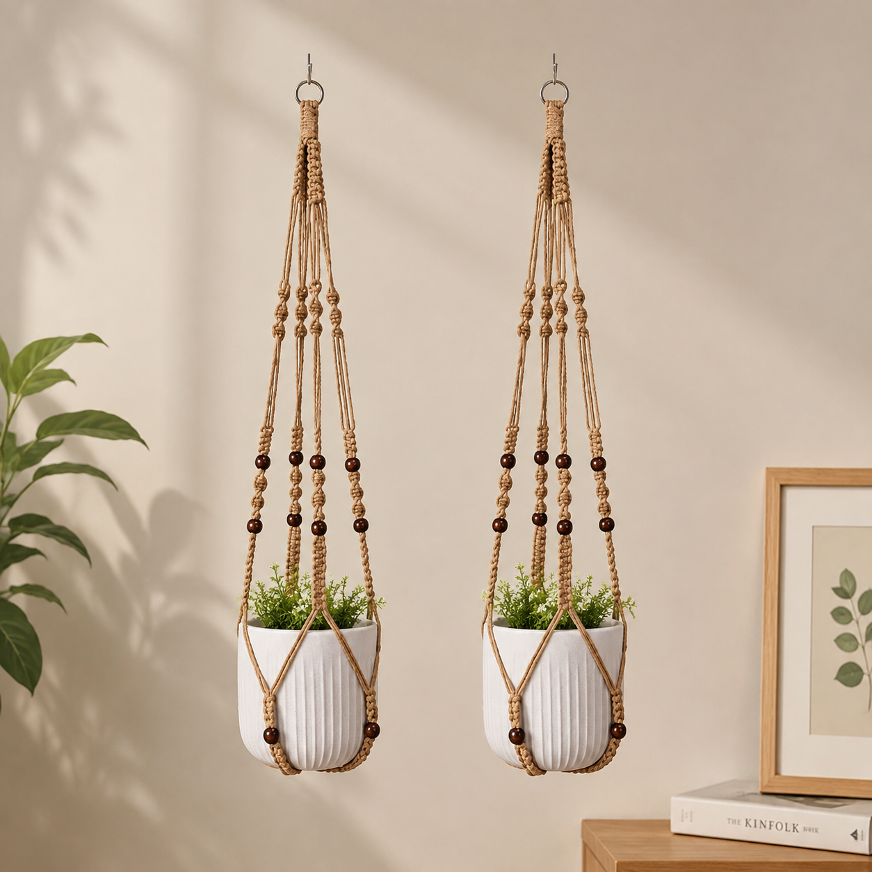 2 Pack Macrame Plant Hanger (Brown)- 90cm Cotton Rope Hanging Planter Basket view 2