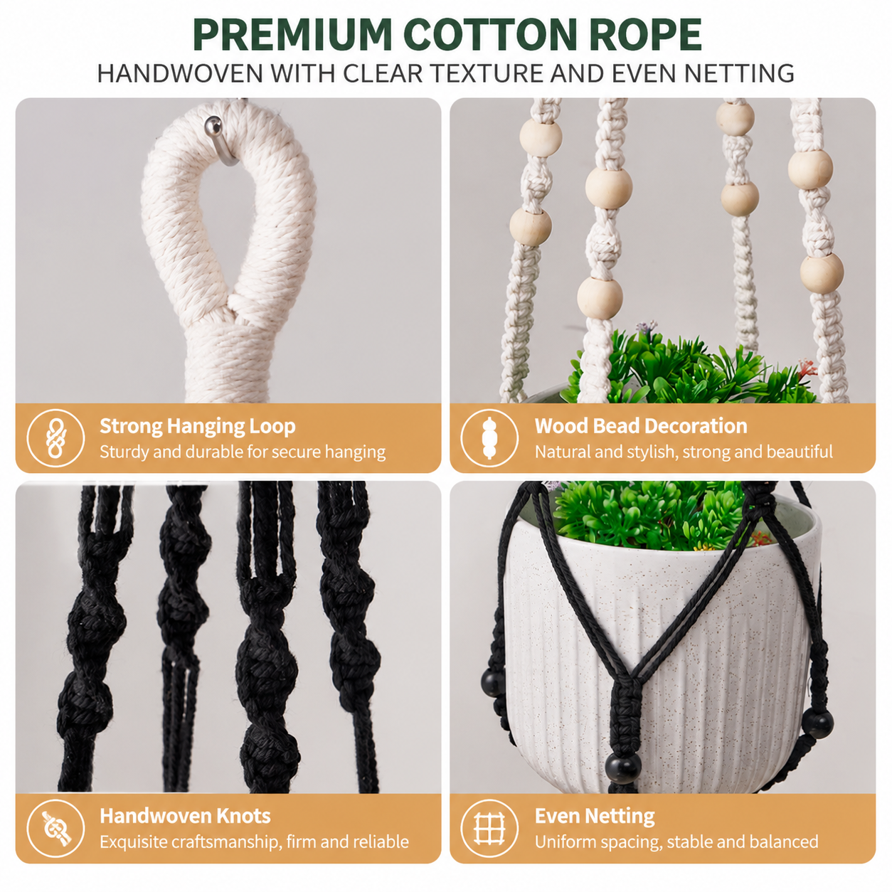 2 Pack Macrame Plant Hanger (Brown)- 90cm Cotton Rope Hanging Planter Basket view 3