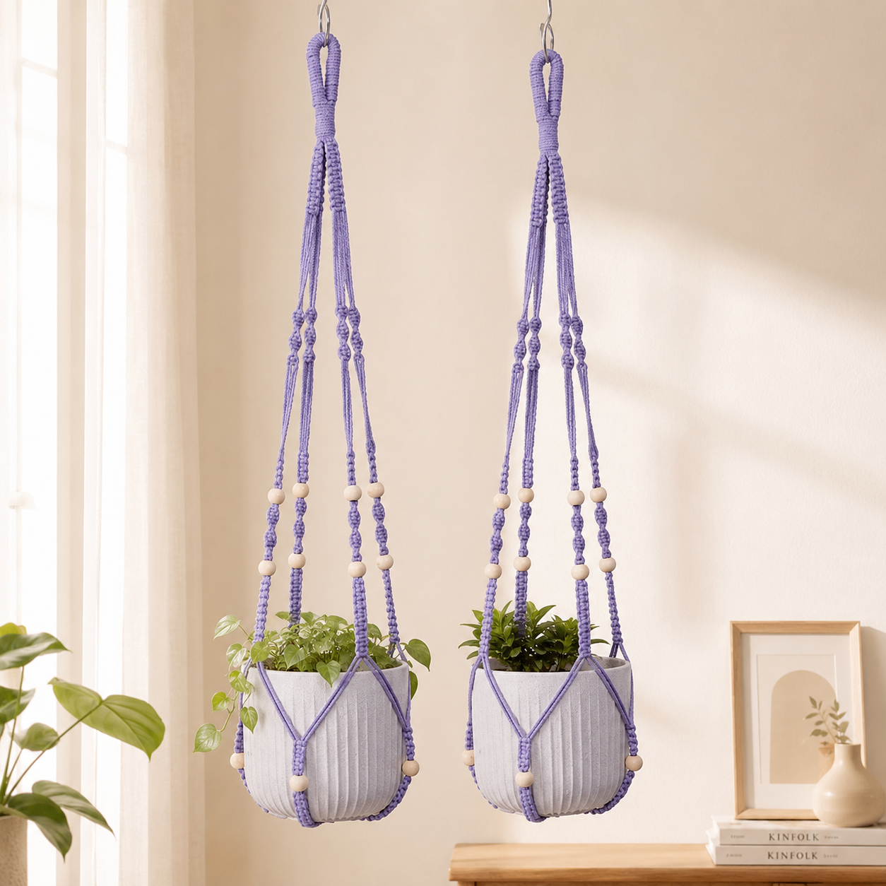 2 Pack Macrame Plant Hanger (Purple)- 90cm Cotton Rope Hanging Planter Basket view 2