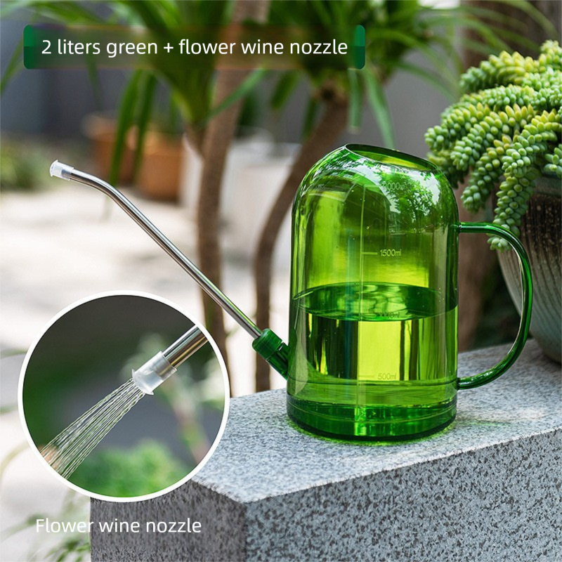 2L Green Long Spout Watering Can with Shower Head - Clear Plastic Indoor Plant view 2
