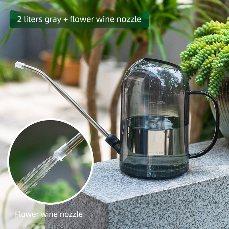 2L Gray Long Spout Watering Can with Shower Head - Clear Plastic Indoor Plant view 2