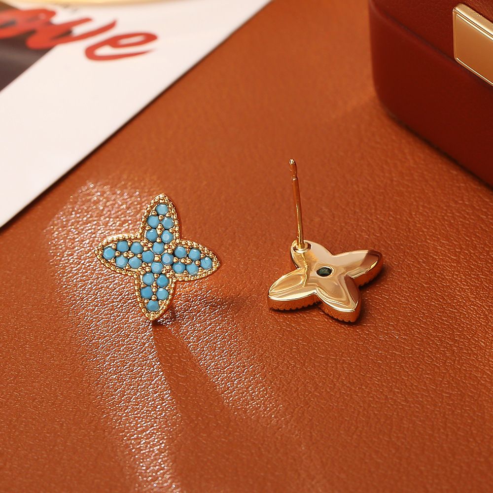 Four Leaf Clover Stud Earrings - 14mm Gold Tone Mother of Pearl and Turquoise