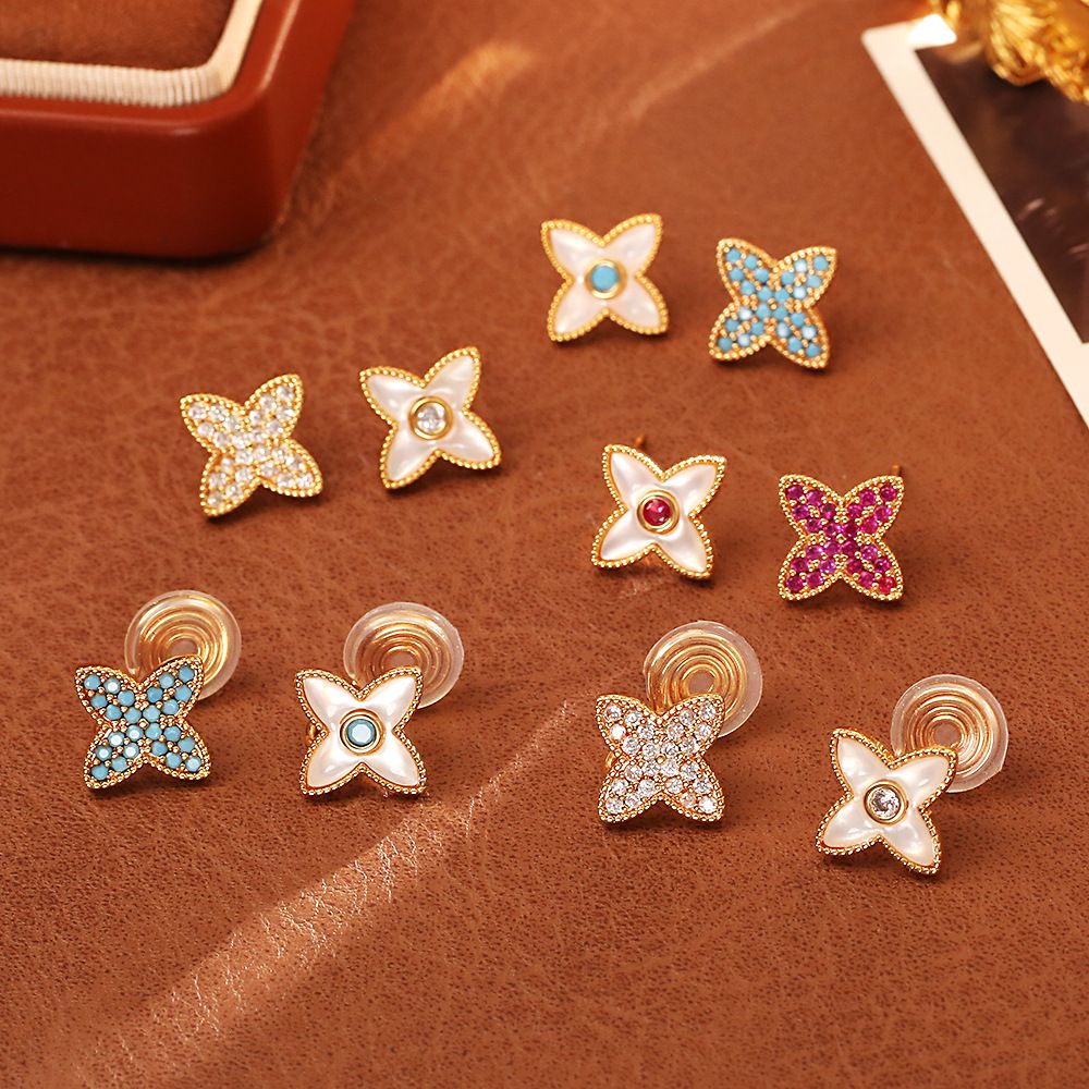 Four Leaf Clover Stud Earrings - 14mm Gold Tone Mother of Pearl and Turquoise view 5