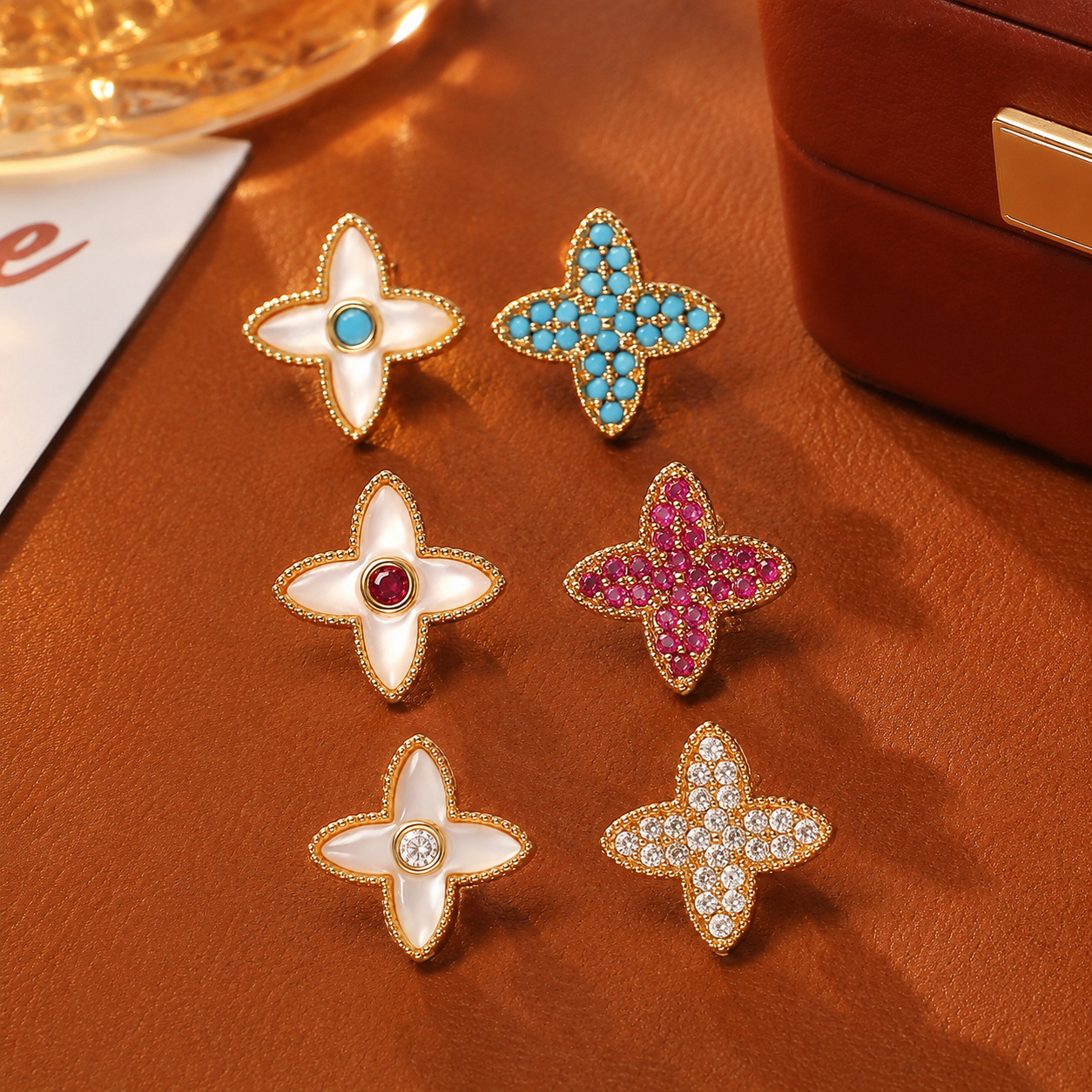 3 Pairs Four Leaf Clover Stud Earrings Set - Asymmetric Mother of Pearl
