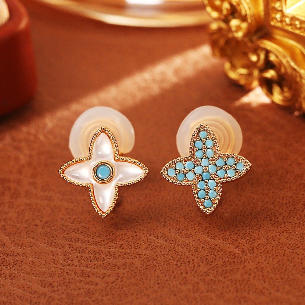 Four Leaf Clover Stud Ear clips - 14mm Gold Tone Mother of Pearl and Turquoise