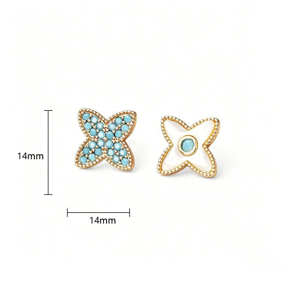 Four Leaf Clover Stud Ear clips - 14mm Gold Tone Mother of Pearl and Turquoise view 4