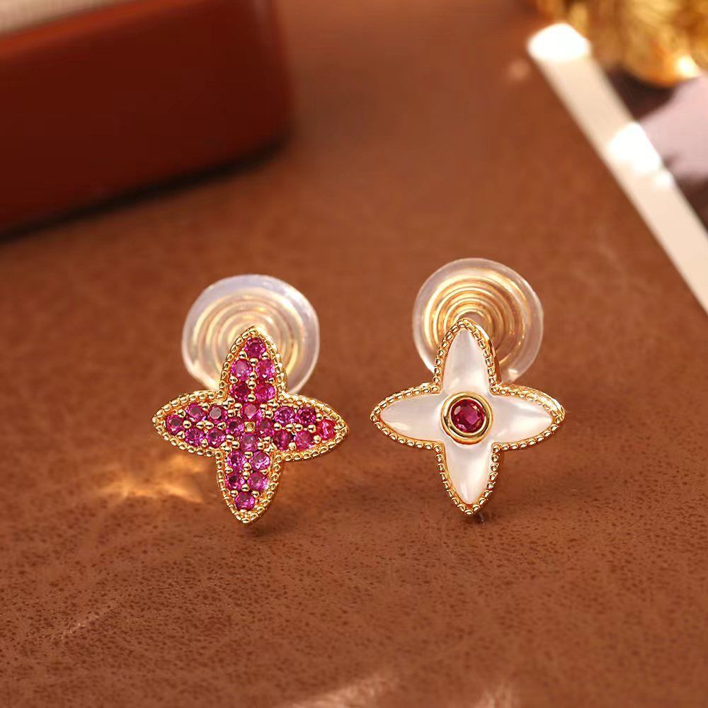 Four Leaf Clover Stud Ear clips - 14mm Gold Tone Red Mother of Pearl and Red