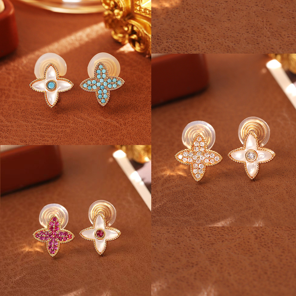 3 Pairs Four Leaf Clover Stud Ear clips Set - Asymmetric Mother of Pearl