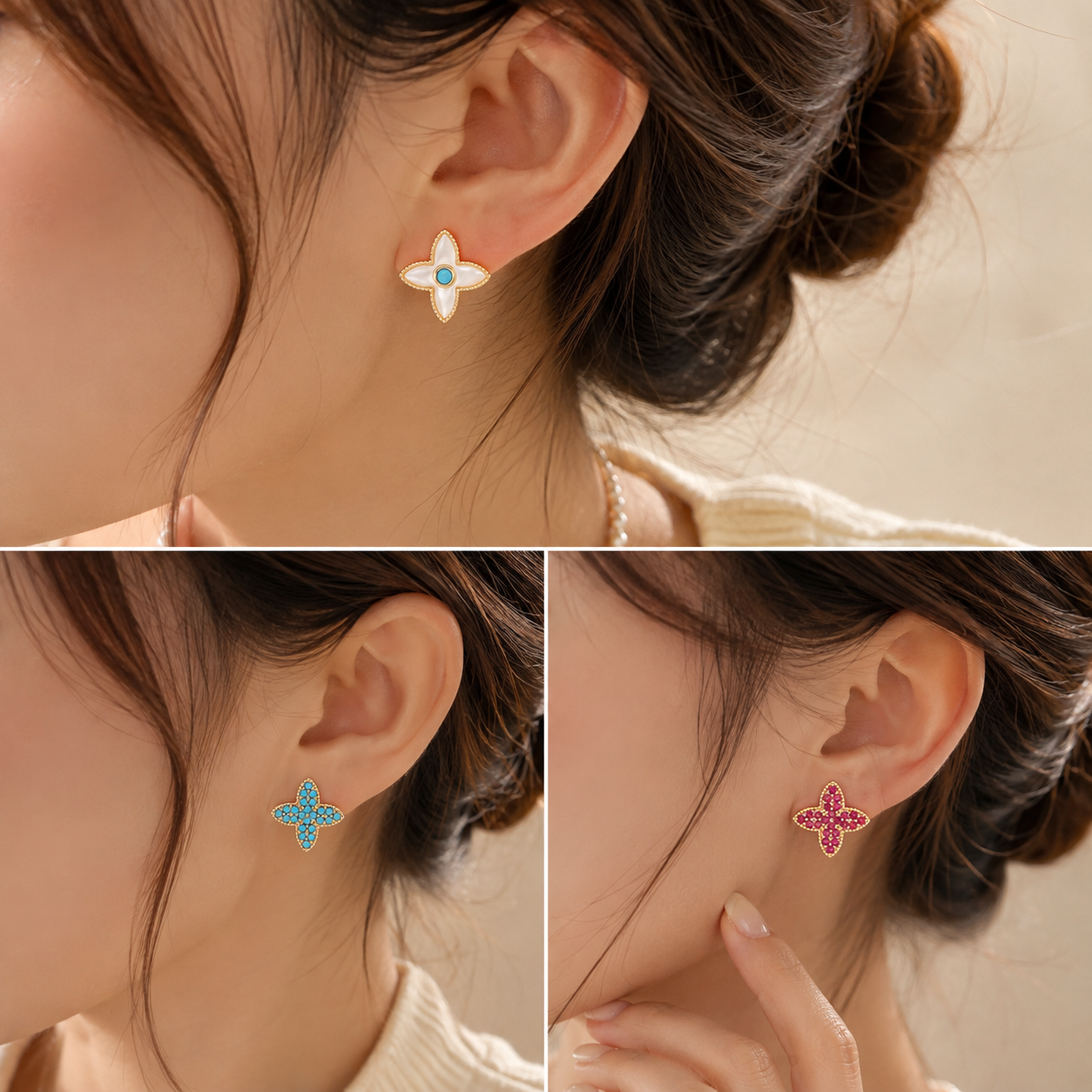 3 Pairs Four Leaf Clover Stud Ear clips Set - Asymmetric Mother of Pearl view 3