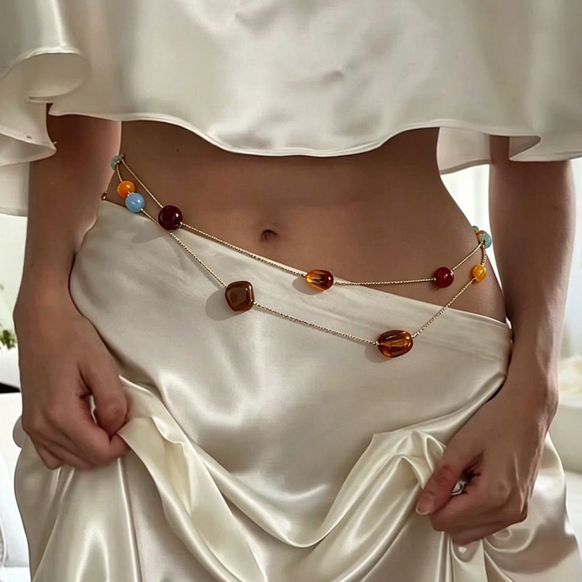 Gold Tone Resin Bead Body Chain - 90cm Delicate Metal Waist Chain with Amber view 4