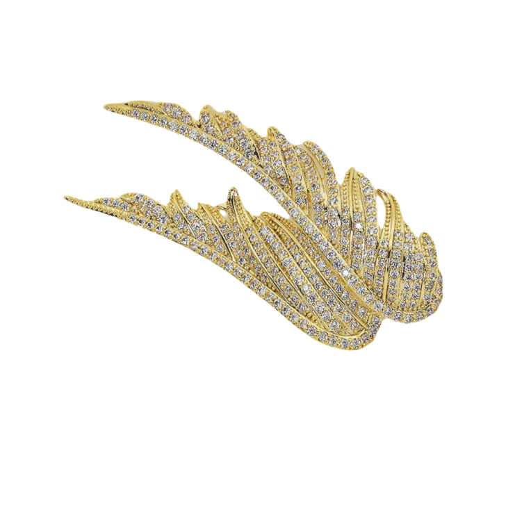 Gold Crystal Wing Brooch for Women - Full Rhinestone Double Feather Pin