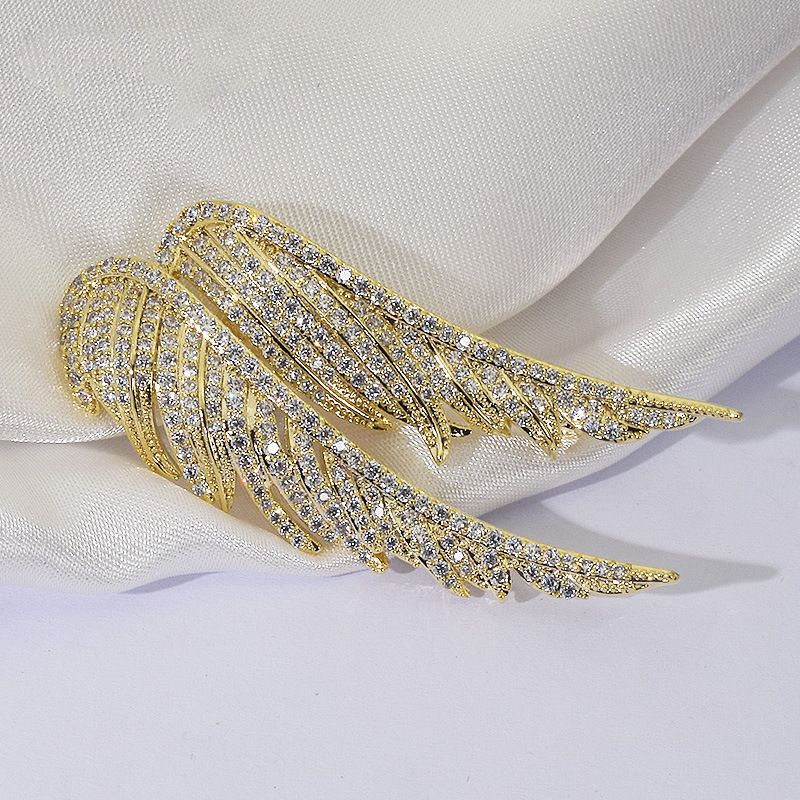 Gold Crystal Wing Brooch for Women - Full Rhinestone Double Feather Pin view 4