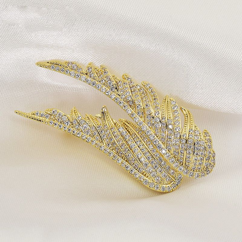 Gold Crystal Wing Brooch for Women - Full Rhinestone Double Feather Pin view 5