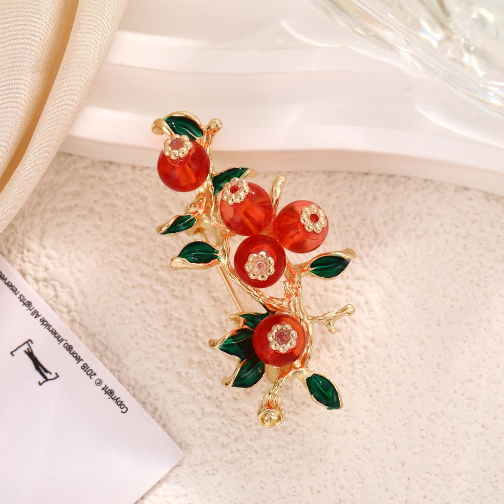 Vintage Persimmon Branch Brooch - Gold Tone Enamel Leaf and Red Bead Fruit Pin