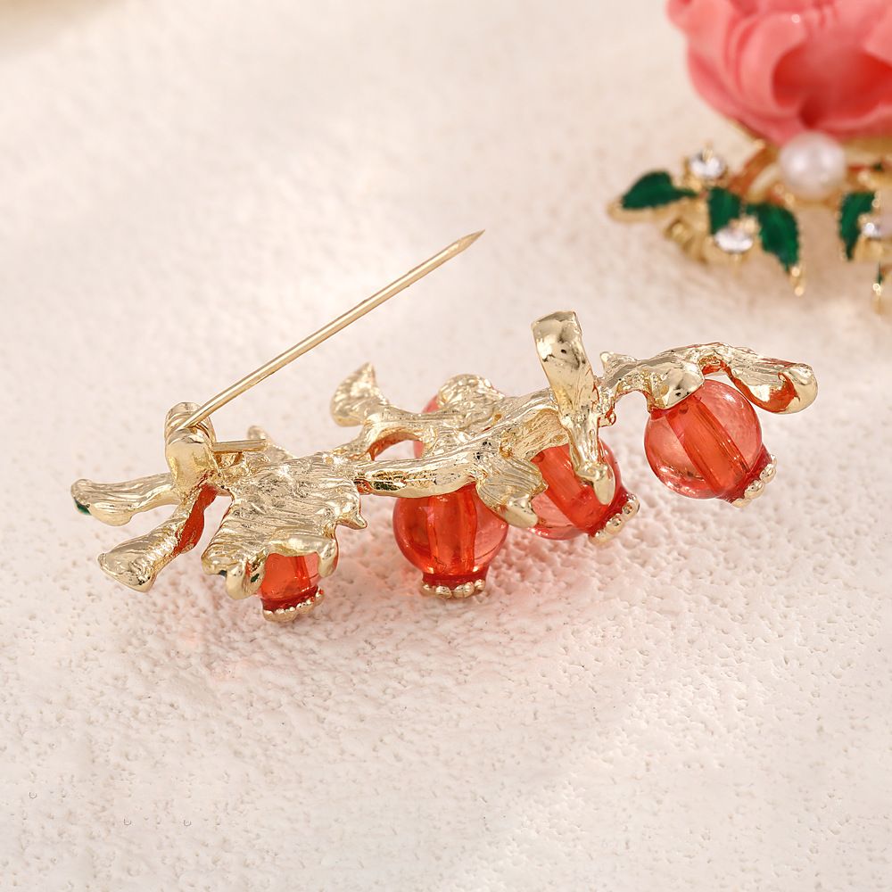 Vintage Persimmon Branch Brooch - Gold Tone Enamel Leaf and Red Bead Fruit Pin view 6