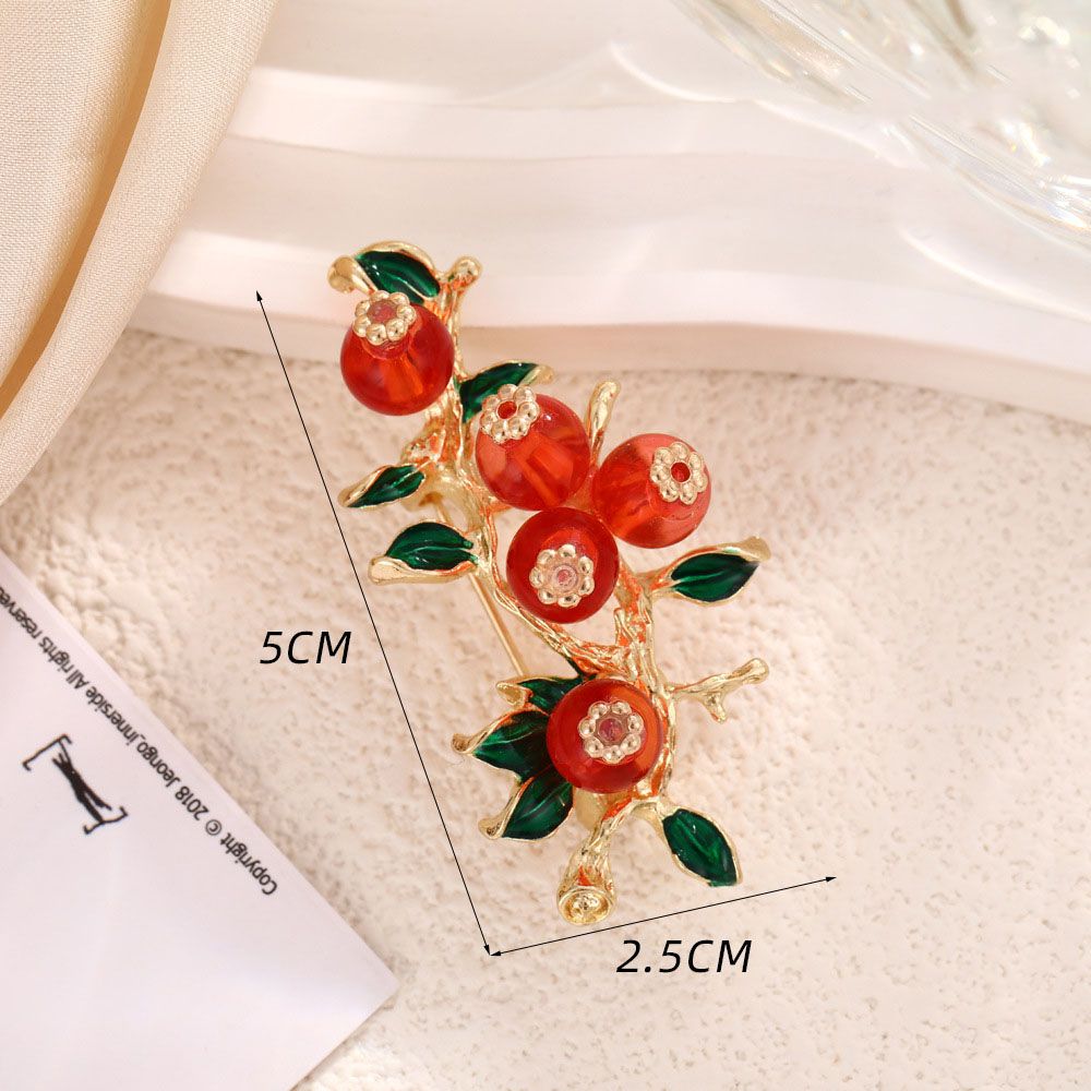 Vintage Persimmon Branch Brooch - Gold Tone Enamel Leaf and Red Bead Fruit Pin view 7
