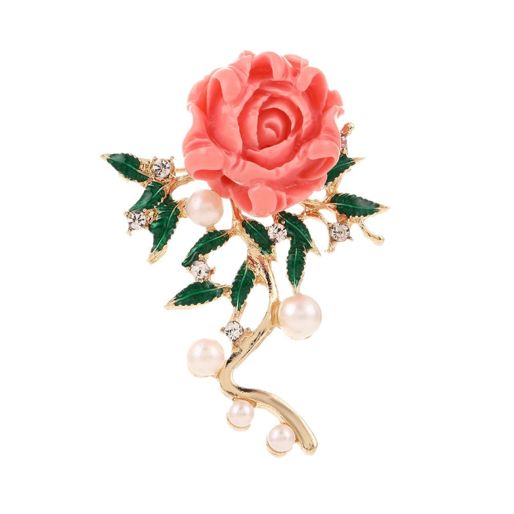 Elegant Rose Flower Brooch for Women - Pink Resin Rose with Pearl and Crystal
