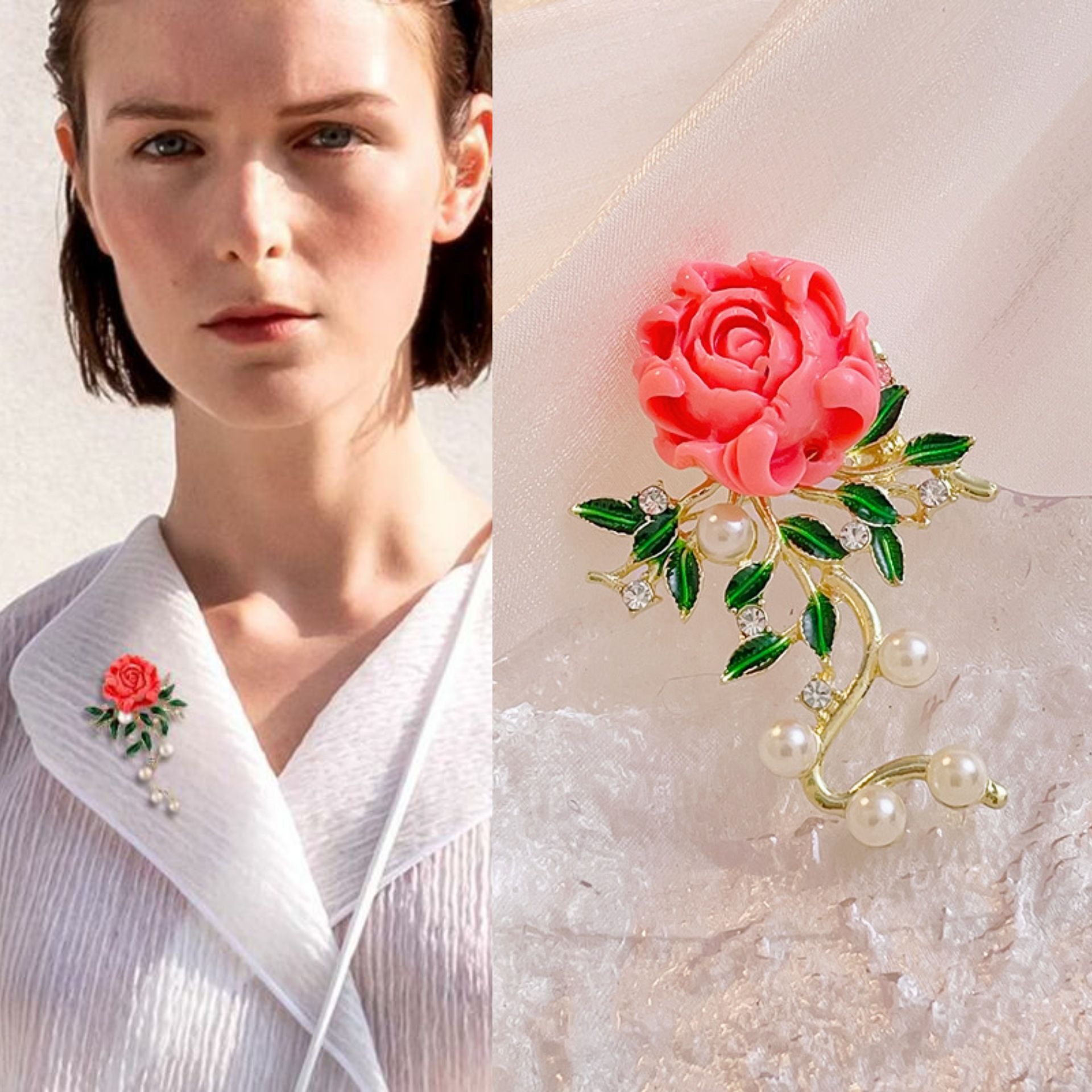 Elegant Rose Flower Brooch for Women - Pink Resin Rose with Pearl and Crystal view 2